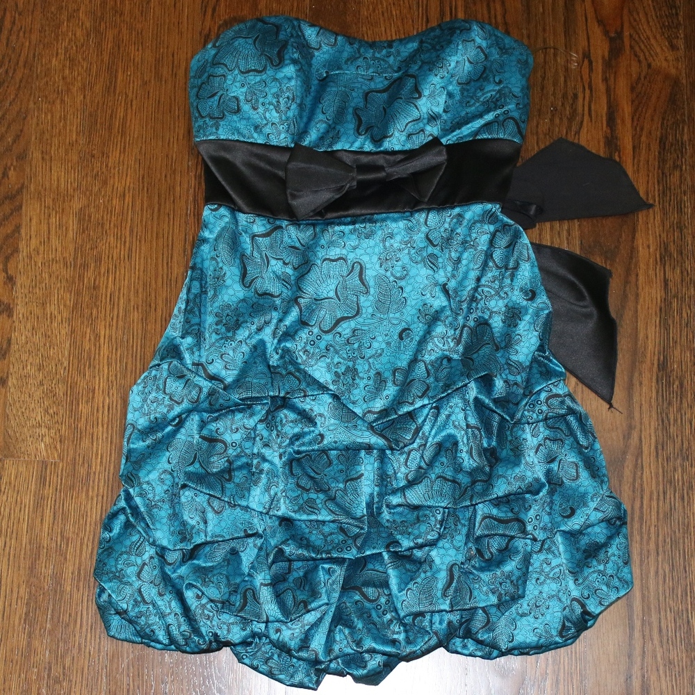 Strapless Teal Mini Dress with Black Bow